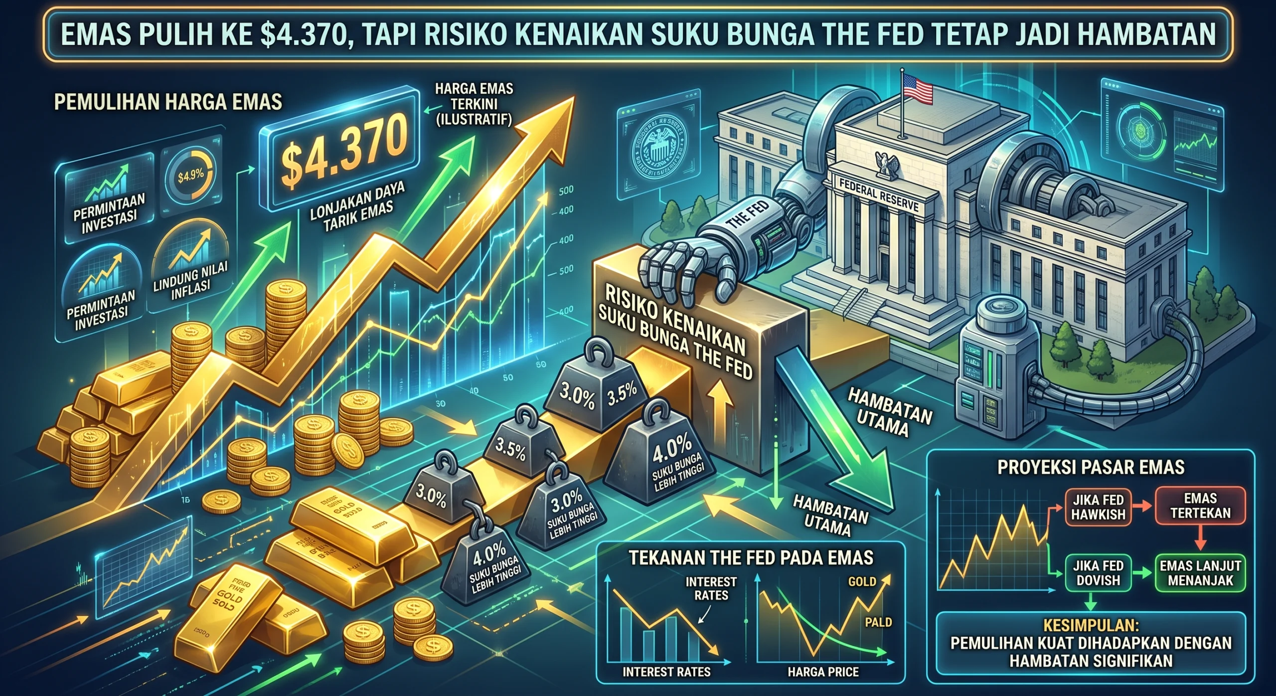 Emas Pulih ke $4.370, tapi Risiko Kenaikan Suku Bunga The Fed Tetap Jadi Hambatan