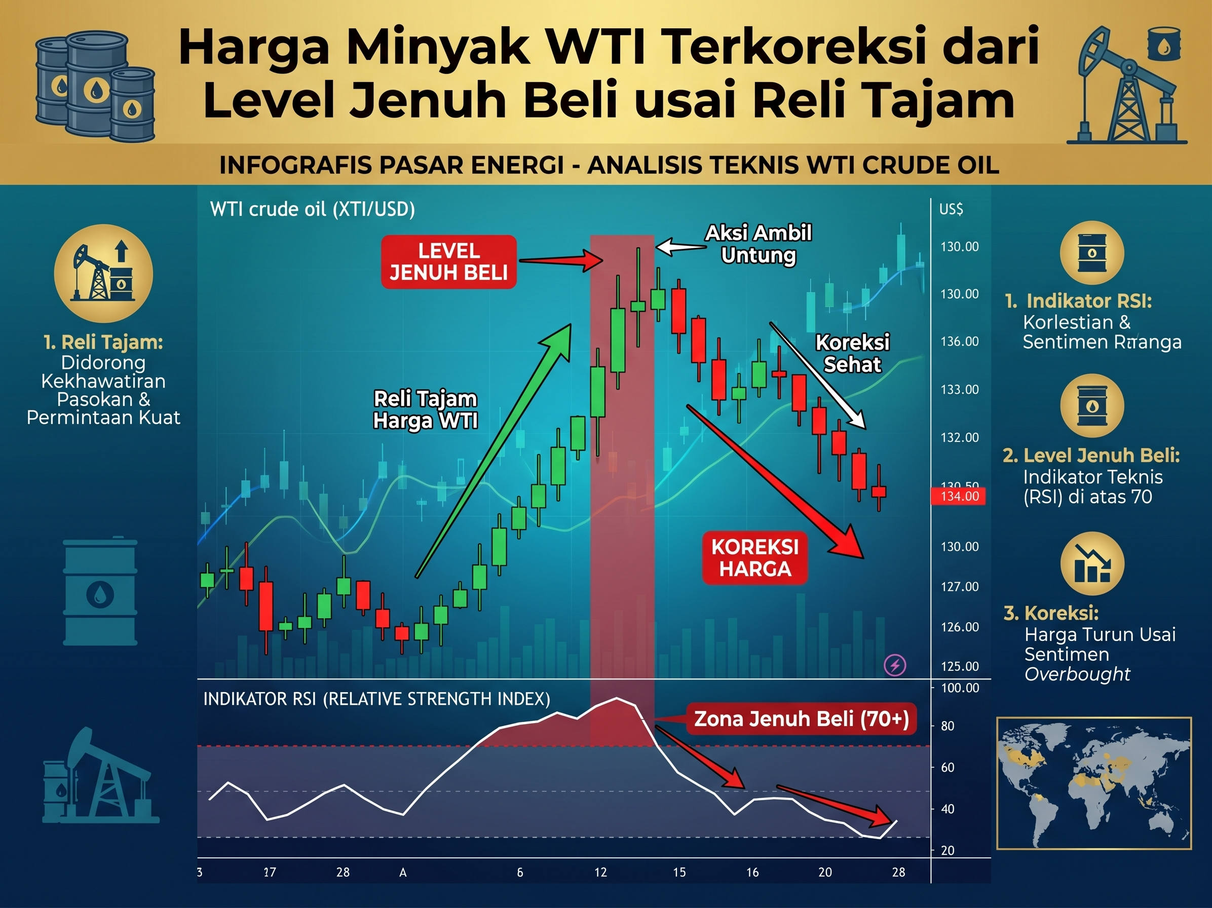 Harga Minyak WTI Terkoreksi dari Level Jenuh Beli usai Reli Tajam