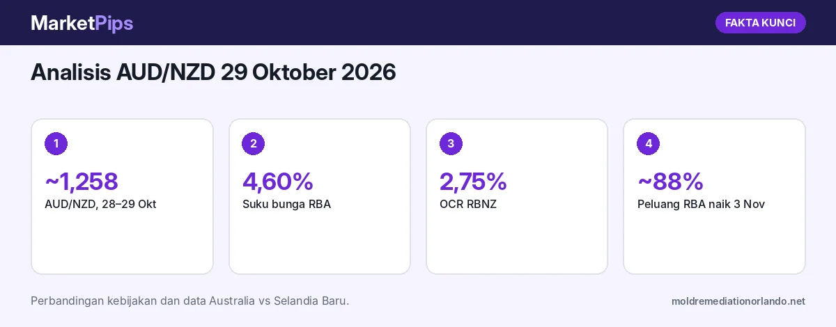 Fakta kunci: Analisis AUD/NZD 29 Oktober 2026: Melonjak ke Sekitar 1,258 karena Divergensi RBA dan RBNZ
