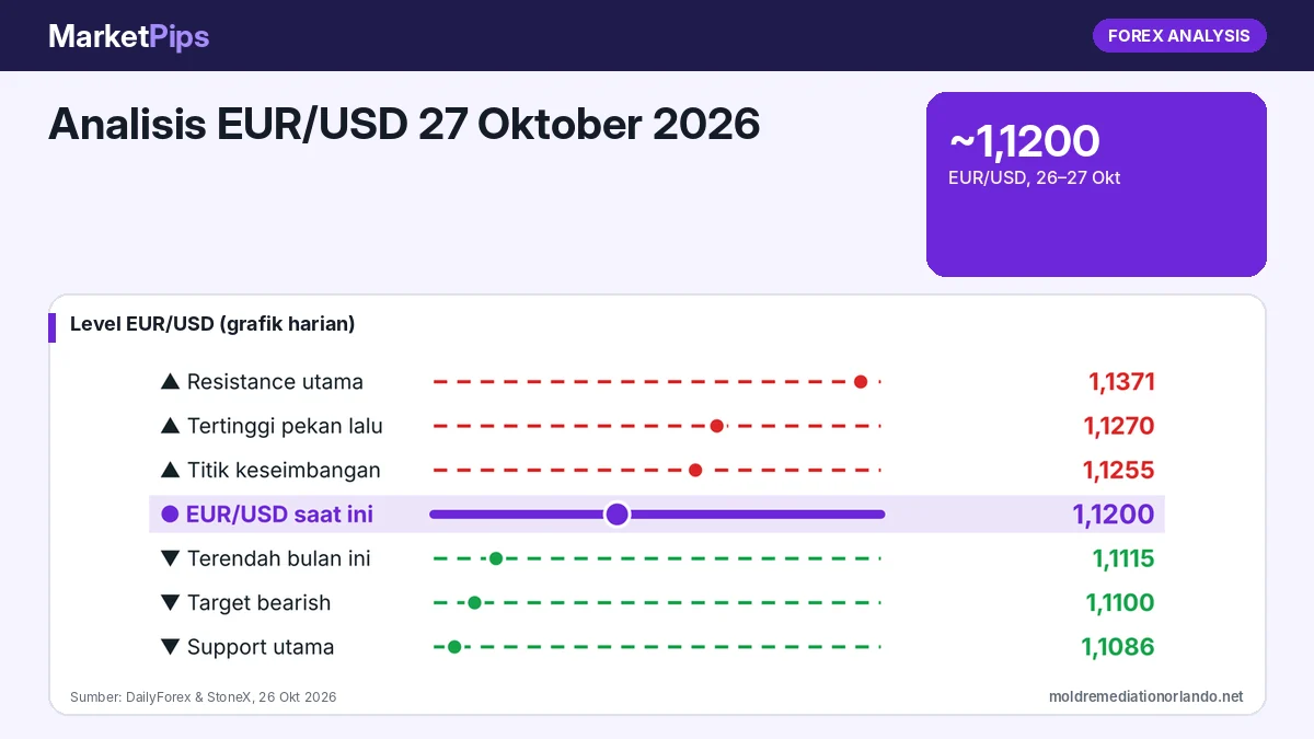 Analisis EUR/USD 27 Oktober 2026: Tertahan di Sekitar 1,1200 di Bawah EMA 50, Support 1,1115 Jadi Benteng Jelang FOMC dan ECB