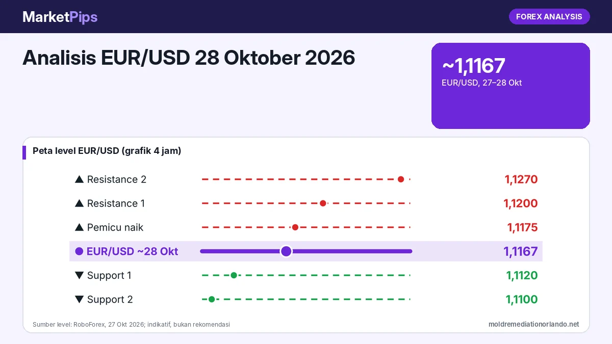 Analisis EUR/USD 28 Oktober 2026: Bertahan di Sekitar 1,1167 dengan Pola Hammer, Resistance 1,1200 dan Support 1,1120