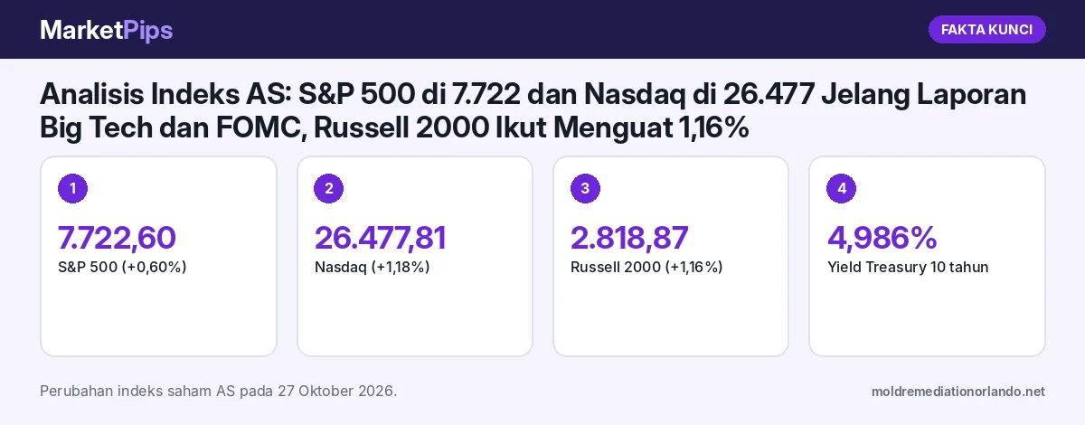 Fakta kunci: Analisis Indeks AS: S&P 500 di 7.722 dan Nasdaq di 26.477 Jelang Laporan Big Tech dan FOMC, Russell 2000 Ikut Menguat 1,16%