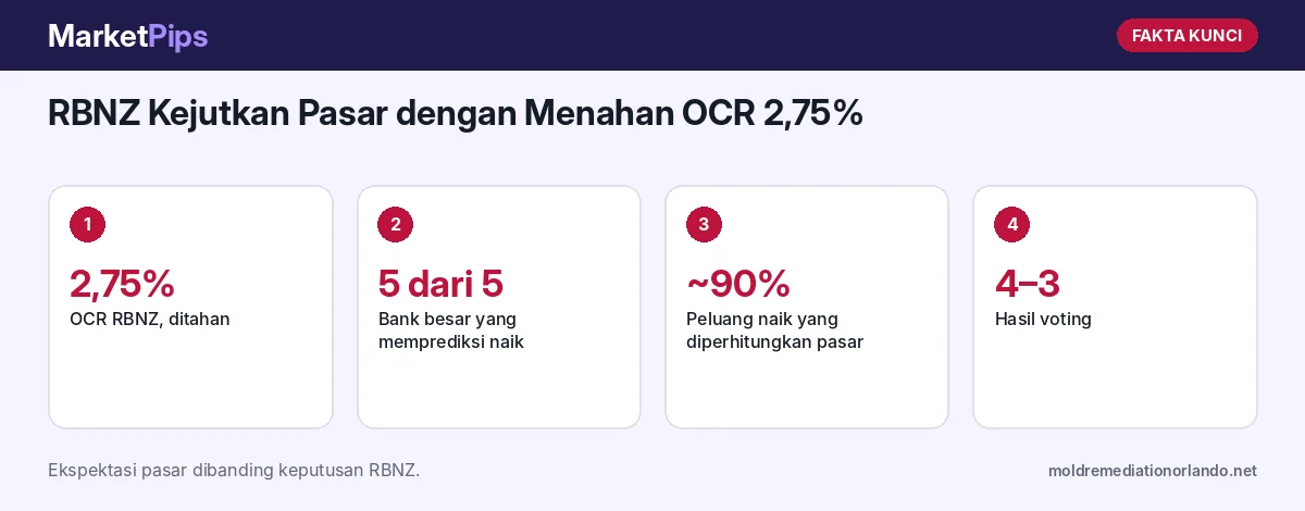 Fakta kunci: RBNZ Kejutkan Pasar dengan Menahan OCR 2,75%: Kelima Bank Besar Selandia Baru Salah Memprediksi, Ini Pelajarannya bagi Trader